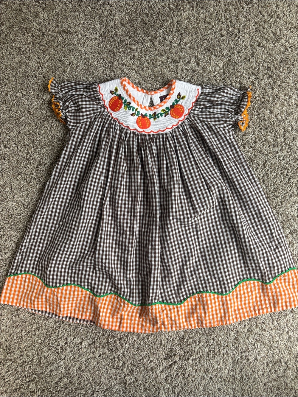 Girls Brown Gingham Pumpkin Smocked Dress with Orange Trim